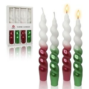 4 X Green & Red Taper‎ Candlestick 7.28" Unscented Spiral Dinner Candle NEW